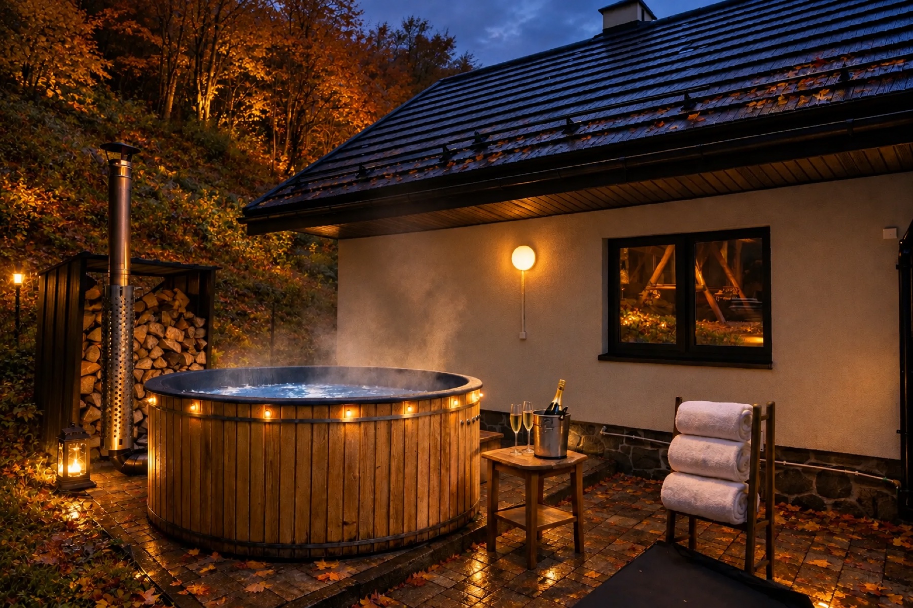 Prywatne jacuzzi przy domku Uroczysko Polańczyk w jesienny wieczór